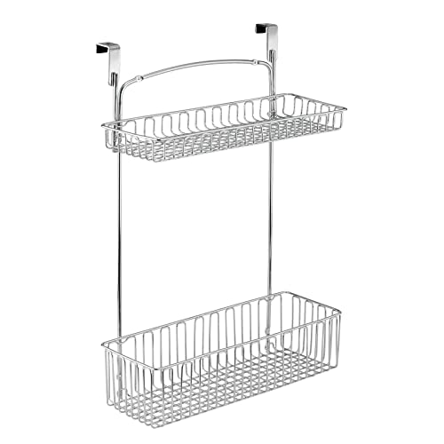 mDesign Over Cabinet Kitchen Storage Unit - Practical Organiser with Stainless Steel Storage Baskets - Hanging Cupboard Organiser for Cleaning Supplies and Cookware - Chrome
