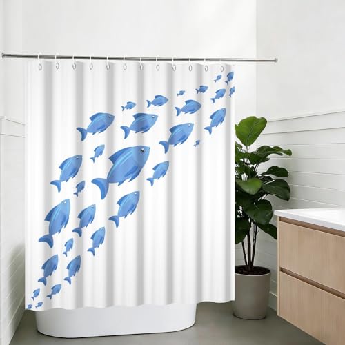 Yeele Blue School of Fish Shower Curtain, Nautical Coastal Ocean Print Shower Curtain Set, Waterproof Machine Washable Fabric Curtain 60x72 Inch with Hooks - color: Blue White 2, size: 60"Wx72"L