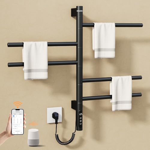 Smart Rotating Heated Towel Rack, 5-Bar, Matte Black | Wall-Mounted Electric Towel Warmer, Swivel Bars, Wi-Fi App Control, 24H Timer, Stainless Steel - color: Black 16.34"x26.77"