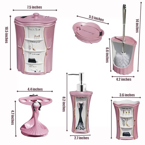 LUANT 6 PCS Bathroom Accessories Including Soap Dispenser, Soap Dish, Tumbler, Teethbrush Holder, Trash Can and Toilet Brush, Decoration for Girl's Bathroom, Countertop Oragnizer, Pink - size: 6PCS-PINK