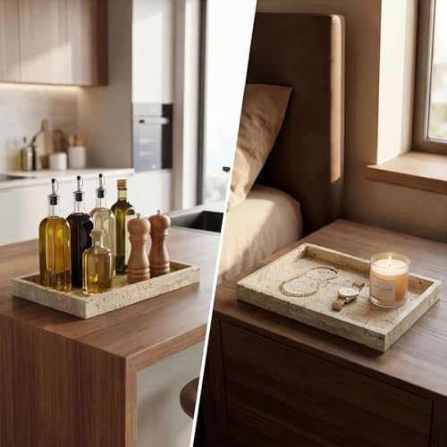 Natural Travertine Tray Heavyweight Stone Vanity Tray for Bathroom Countertop, Coffee Table & Dresser - Handcrafted Rectangular Organizer (Beige X, 12" x 8" x 1.2") - color: Beige X
