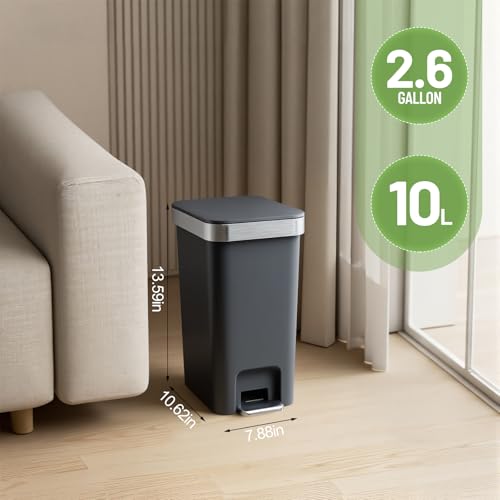 2 Pack Bathroom Trash Can with Lid 2.6 Gallon,Small Step Trash Can | Plastic Garbage Can with Press Top Bin & Foot Pedal Trash Bin, Mini Waste Basket for Bedroom,Home Offices,Dorm,RV(Black Gray) - color: Dark Gray-2 Pack