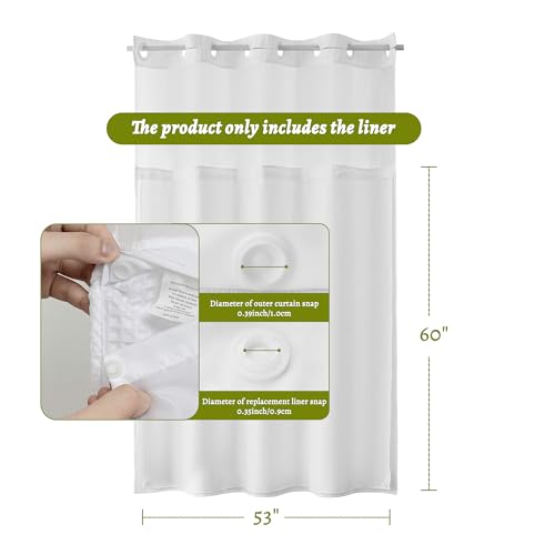 N&Y HOME Fabric Snap in Shower Curtain Liner Replacement White, 53x60 | for 54x78 Hotel Style Stall Shower Curtain, With Magnets, Removable & Detachable, Washable, Water Repellent - color: White, size: 53"W x 60"L (Pack of 1)
