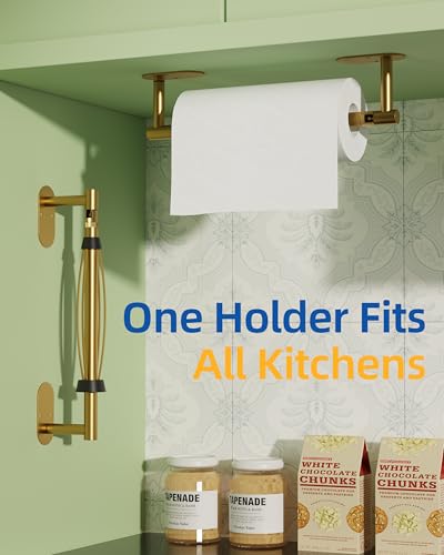 RUACQ Paper Towel Holder Under Cabinet, One Hand Tearing Paper Towel Holder with Damping Effect, Wall Mount & Adhesive Stainless Steel Paper Roll Holder for Kitchen Bathroom (Brushed Gold) - color: Brushed Gold, size: One Hand Tear - Oval