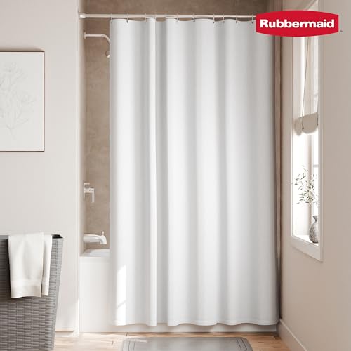 Rubbermaid White Shower Curtain Liner: Waterproof Fabric Shower Liner for Bathroom, with 2 Magnets and Rustproof Grommets, 70x72, Standard Size, White - color: White