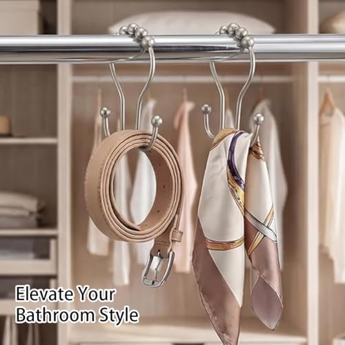 12Pcs Stainless Shower Curtain Hooks,Rust Proof Anti-Drop Curtain Hooks,Sturdy Metal Shower Curtain Rings,Glide Roller Double Shower Hooks,Smooth Sliding Rings for Bathroom Shower Rods Curtains,Silver