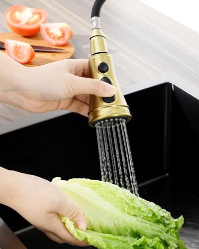 Kitchen Faucet Head Replacement - Pull Down Spray Head with 15 Adapters | 3-Function Stream/Spray/Blade, Easy Install, Removable Aerator, for Delta Moen Kohler, Pull Out Sprayer Nozzle, Brushed Gold - color: Brushed Gold
