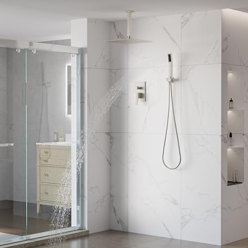 WELLFOR 12-In Ceiling Mount Shower System with Single Handle, Pressure-balanced Valve Included, Waterfall Dual Head Shower Head System, Rain Shower System, Shower Faucet Trim Kits, Brushed Nickel - color: Brushed Nickel, style: Ceiling Mount 12-Inch
