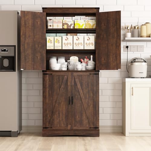 Hlivelood 71" Tall Kitchen Pantry,Farmhouse Storage Cabinet with Adjustable Shelves,Load-Bearing Steel Pipe,Farmhouse Pantry Cabinet with 4 Barn Doors, for Kitchen,Dining Room,Living Room(Brown) - color: Brown