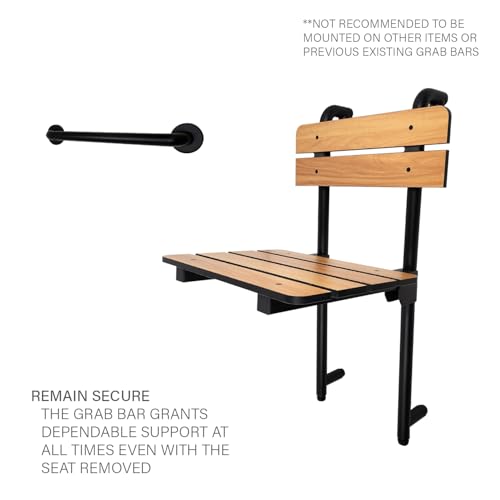 Seachrome Profile Folding Shower Seat with 18 inch Grab Bar, Removable Hanging Bench with Backrest & Legs, Teak Phenolic Seat, Black Stainless Steel Grab Bar - color: Teak, Black