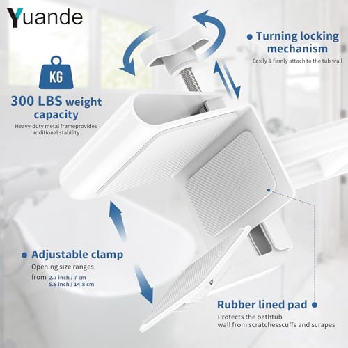 Adjustable Bathtub Safety Rail,YuanDe 17x6 Inch Stainless Steel Tub Handle | Heavy-Duty Clamp-On Bath Handle for Elderly Seniors, Disabled & Injury Recovery (300 lbs), White - size: Standard