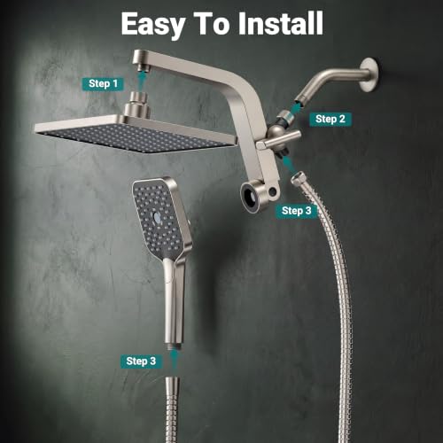 12" XXL Rainfall Shower Head with Handheld Combo Set, Nickel Brushed | High Pressure, Magnetic Docking, Air-Infusion Tech, Anti-Leak One-Piece Design, Dual Square Showerhead - color: Nickel Brushed