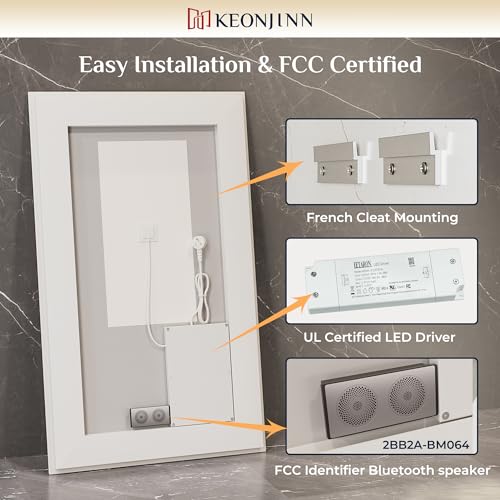 Keonjinn 40" x 30" LED Bathroom Mirror with Lights, Frontlit & Backlit | Bluetooth Speaker, Bluetooth Mirror Bathroom, HD Tempered Glass, 3000K/4500K/6000K, Dimmable, Fast & Safe Defogging, CRI90+ - size: 30"L x 40"W
