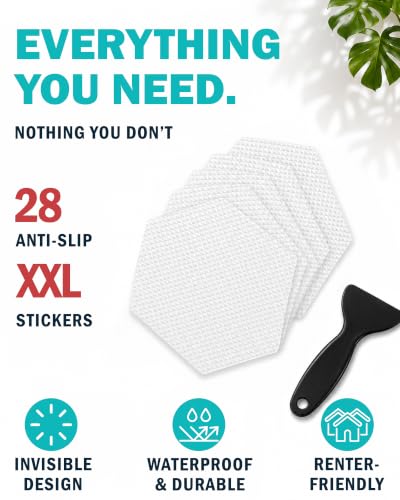Anti-Slip Shower Stickers, 4" Hex 28 Pack, Bathtub & Shower Floor Grip | Extra Traction for Tub Steps & Wet Surfaces | Scraper & Application Guide Included | Micro-Pyramid Texture Adds Extra Bite