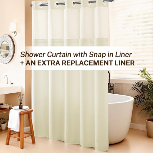 River Dream No Hooks Shower Curtain with 2 Snap in Liner, Cream, 71Wx74H | Waffle Weave, 1 Attached Snap in Liner and 1 Extra Replacement Liner, Bathroom Curtains Shower Set, Hotel Grade, Spa Like - color: Cream