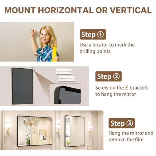 pertetey 36 x 30 in Rounded Rectangle Bathroom Mirror, Black Metal Frame | Black Metal Frame, Rounded Rectangle Design, Tempered Glass, Wall Mounted - size: 36”×30”