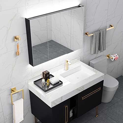 Brushed Gold Bathroom Towel Bar Sets Premium Stainless Steel 4-Piece Bathroom Hardware Set Wall Mounted Square Bathroom Accessories Kit - color: Brushed Dark Gold, size: 4-Pieces Set-A