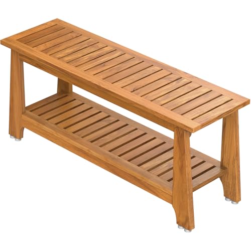 NNN 42" Commercial Heavy Duty Teak Shower Bench, Patented, Non-Slip Stable | with 8 Japan-Made Non-Slip Leveling Feet, Mortise-Tenon Legs 350lb, Pre-Oiled European Teak Oil, Marine-Grade Hardware - size: 42"W x 14" Dx 18"H