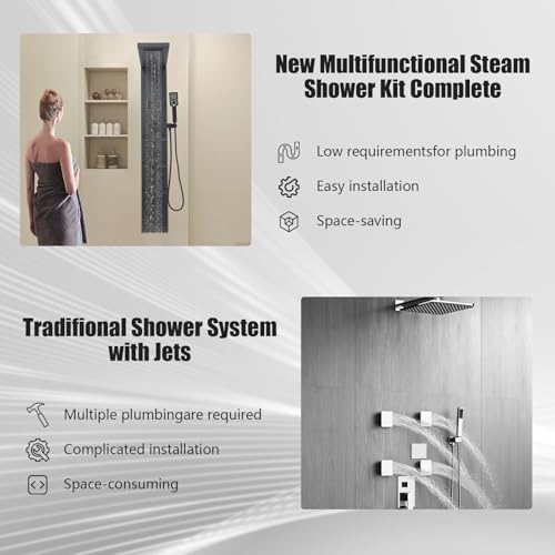 6-in-1 LED Shower Panel Tower System with 8 Adjustable Body Jets, Rainfall & Waterfall Shower, Smart Temperature Display, 59" Hose, Brushed Gold Stainless Steel, Wall Mounted (Black) - color: Black