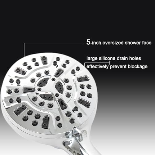 High Pressure Shower Head with Magnetic Back Fixed Base Design,Handheld Showerhead with Hose Set Stainless Steel 59 inches/5 ft 10-Setting 5 inches Large Face,Chrome Finish (Silver) - color: Silver