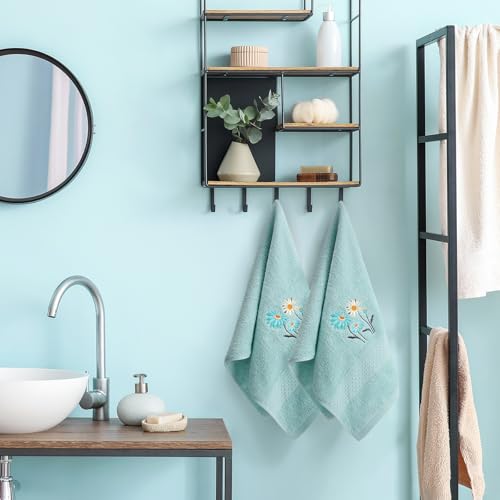 SmoothNovelty 2 Pcs Daisy Hand Towels Teal Flower Bathroom Decor 14x29 Inch Embroidered 100% Cotton Soft Absorbent Spring Summer Decorative Daisy Hand Towels for Bathroom Kitchen - style: Daisy Flower