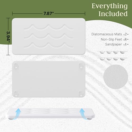 Kitchen Stone Sink Caddy, 2pcs Water Absorbing Stone Tray, Quick-Drying Faucet Mats, Diatomite Bathroom Counter Tray, Soap Dispenser Sponge Holder, Kitchen Sink Organizer (with Non-Slip Feet) - color: White