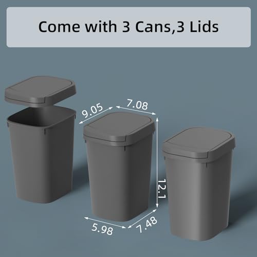 KSSKSS 3 Pack Bathroom Small Trash Can with Lid, 2.6 Gallon Slim Garbage Bin with Pop-Up Lid, 10L Plastic Wastebasket for Bedroom, Office, Kitchen, Toilet (Gray) - color: Gray-included Trash bags