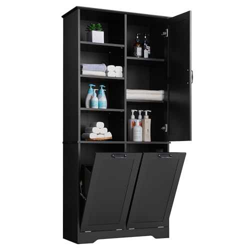 Merax Cabinet with Tilt-Out Laundry Hamper Basket, Tall Bathroom Storage Organizer Linen with Open Shelf for Home, Freestanding, Black - color: Black