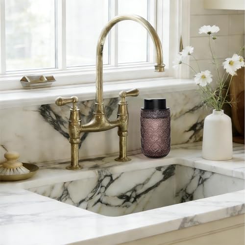 13.5 oz Glass Soap Dispenser, Luxurious Floral Embossed Glass Bathroom Countertop Foaming Pump for Kitchen Vanity (Pink) - color: Pink