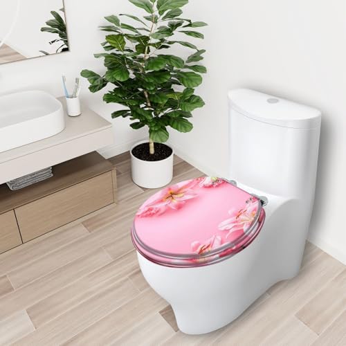 Round Toilet Seat Flowers composition Pink white flowers pastel pink Flat lay top view Resin Toilet Seat Slow Quiet Close with Quick-Release Hinges Toilet Seat with Cover Easy to Clean Install - color: Multi2, size: 16.5"x14.5"