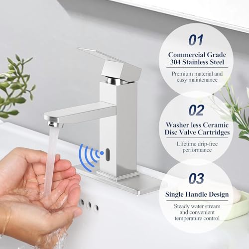 Herogo Touchless Bathroom Faucets Brushed Nickel Stainless Steel Automatic Motion Sensor Bathroom Faucet RV Bar Sink Faucet for 1-3 Hole Single-Handle with Pop Up Drain Stopper Water Supply Hoses - color: Brushed Nickel