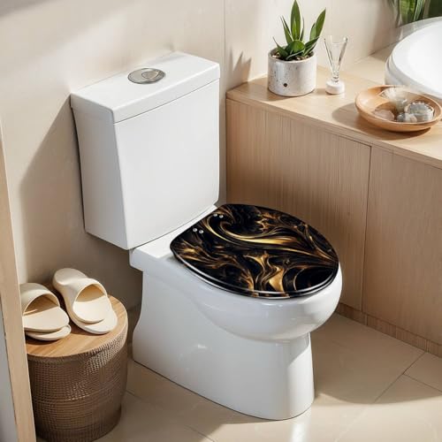 Elongated Toilet Seat Abstract marble fluid art painting alcohol ink style a black gold Resin Toilet Seat Slow Quiet Close with Quick-Release Hinges Toilet Seat with Cover Easy to Clean Install