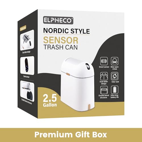 ELPHECO Bathroom Trash Can with lid 2.5 Gallon, Motion Sensor, White Golden | Waterproof Garbage Can, Automatic Waste Basket, Butterfly Lid, Plastic Garbage Bin for Bedroom and Office - color: White