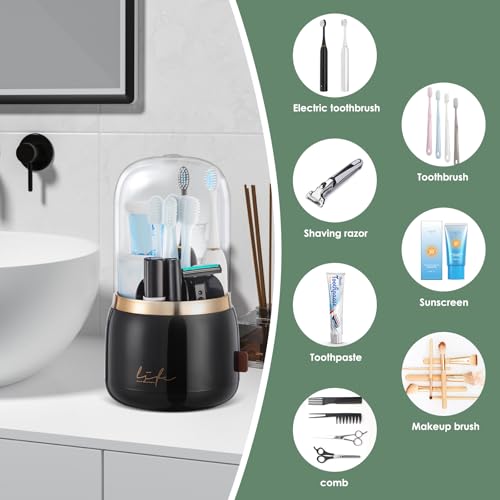 Toothbrush Holders, Toothbrush Holders for Bathrooms, Makeup Brush Holder | Toothbrush and Toothpaste Holder, Rotatable Toothbrush Holder with Transparent Dust Cover, Multi Drainage Vent Holes - color: Black