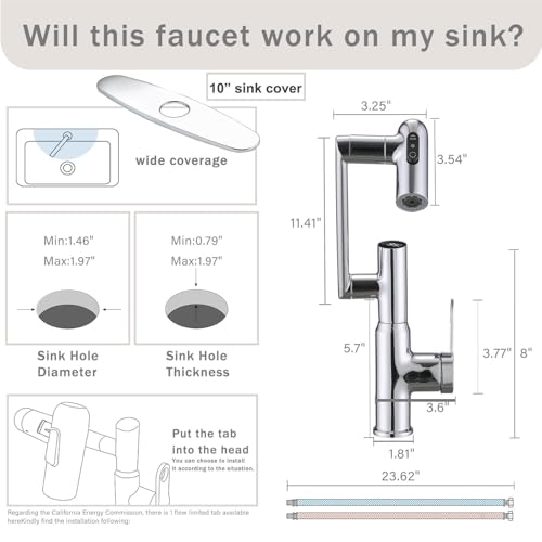 Rotatable Bathroom Sink Faucet with Temperature Display in Fahrenheit, Single Hole Chrome and 3 Outlet Modes Faucet, Battery-Free - color: Chrome-F