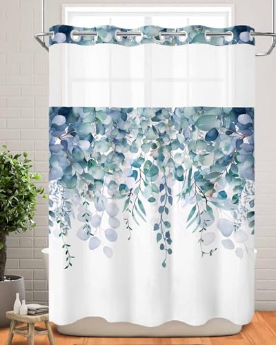 No Hook Shower Curtain and Snap in Liner Set, Blue Green Eucalyptus Fabric Bathroom Stall Shower Curtains 48x72, See Through Mesh Top Window, Spring Summer Botanical Floral Leaves Country Hotel Style - color: Blue Green, size: 48"W x 72"L (Pack of 1)