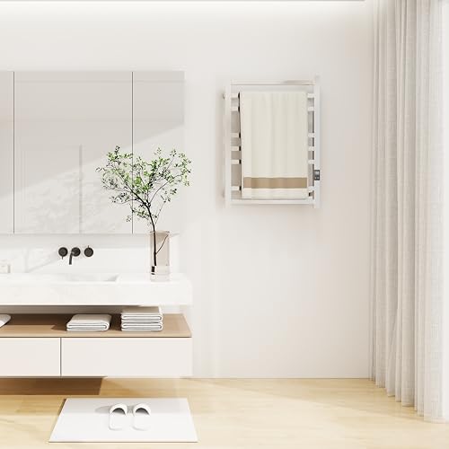 8-Bar Towel Warmer Rack, Polished Stainless Steel | Polished 304 stainless steel, LED display, 115-155°F temp control, 1-24H timer, plug-in or hardwired install - color: Polished