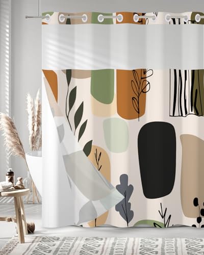 Boho No Hook Shower Curtain with Snap in Liner Set, 71x74 Inch | Double layer Waterproof Bath Curtain with Mesh Top, Abstract Botanical Leaf & Geometric Print for Mid-Century Modern Bathroom - color: Boho-1