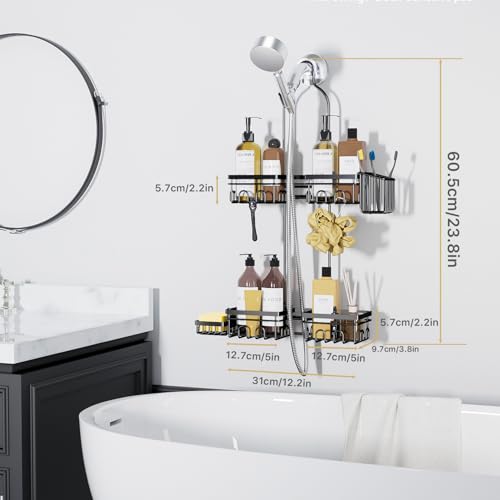 KEGII Shower Caddy Hanging for Handheld Showerheads, Rustproof Hanging Shower Organizer with Soap Dish, Toothbrush Holder and Hooks, Over Showerhead Caddy for Bathroom - style: Black – 2-Tier Hanging Shower Caddy