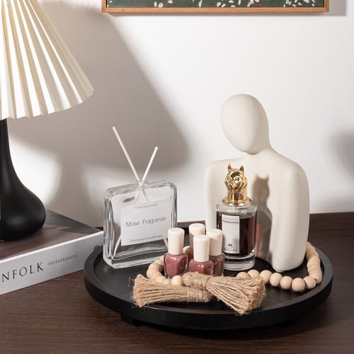 Round Decorative Tray Wood Bathroom Counter Organizer Farmhouse Kitchen Decor Wooden Riser for Soap Dish, Perfume, Candle, Sponge, 12" - Black | Waterproof, Lightweight, Easy Clean, Wood Riser Pedestal Stand Accessories for Office Desk, Vanity, Counter, S