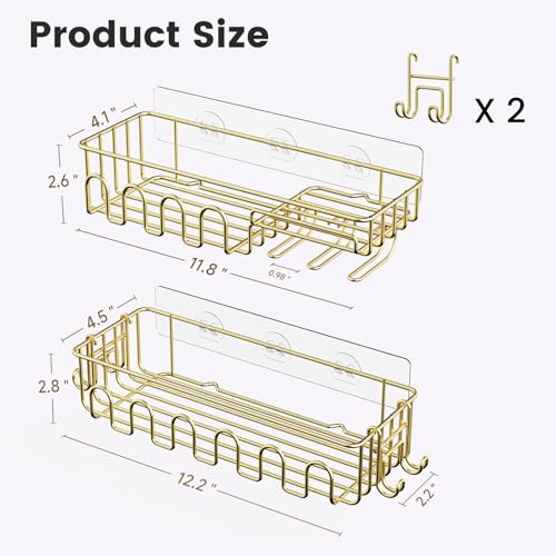 4-Pack Adhesive Shower Caddy, Wall Mounted Bathroom Shelf, Gold | 2 Open Grid Baskets, Drill-Free Adhesive, 2 Detachable Hooks, Rustproof Metal, Ideal Bathroom Kitchen Shelf, Holds 25Lbs - color: Gold