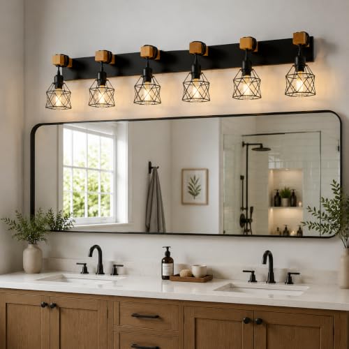 Farmhouse Vanity Light Fixture,6-Light Bathroom Lighting,Black Industrial Wood Wall Light Over Mirror with Metal Shade,LED Bulbs Not Included - color: Black, size: 6-Light-Wide 44"