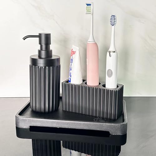 2PCS Bathroom Accessories Set with Large-Opening Ribbed Soap Dispenser and 3 Compartment Toothbrush&Toothpaste Holder,Resin Farmhouse Bathroom Decor Set Countertop Organizer-Matte Black