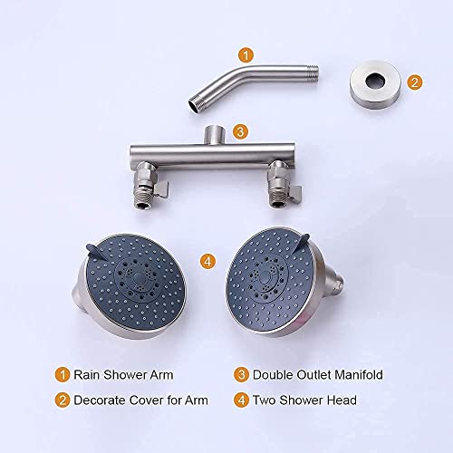 AZOS Double Shower Head with Shut-Off Valve, Bathathroom High Pressure Dual Fixed Rain Shower Head Combo with Brass Dual Outlet Manifold, Adjustable 5 Function Showerhead Brushed Nickel - color: Brushed Nickel