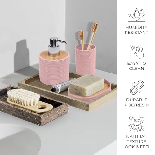CERBIOR Bamboo Bathroom Accessories Set 6 Piece Spiral Bath Ensemble(Pink) | Includes Soap Dispenser, Toothbrush Holder, Toothbrush Cup, Soap Dish for Decorative Countertop and Housewarming Gift, Pink - style: Pink