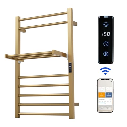 Heated Towel Warmer Rack Electric Bathroom with Voice Control Alexa & Google Home,TUYA Wall-Mounted,Stainless Steel,31.5x19.69x11.61in,Foldable Storage,Plug-in,Gold,10 Bars - color: Gold With Wifi & Shelf