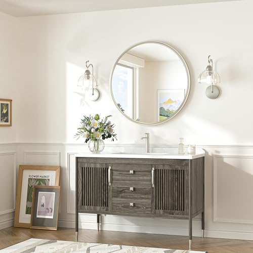 24 Inch Circle Bathroom Mirror Brushed Nickel, Tempered Round Wall Mirror, Shatterproof 24x24 Hanging Wall Mirrored Farmhouse for Bedroom, Entryway, Restroom, Vanity, Living Room - size: 24"L x 24"W