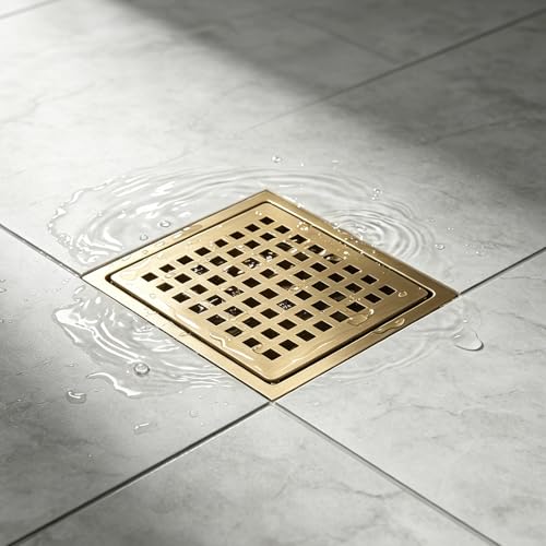 Square Shower Floor Drain, Matte Black Finish, Grid Pattern Strainer Cover (Gold, Grate) - color: Gold