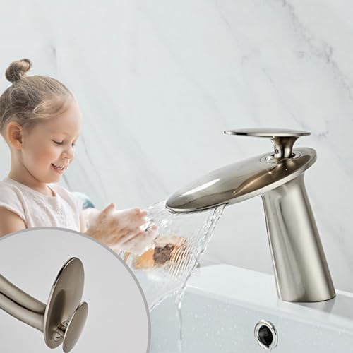 Brushed Nickel Waterfall Bathroom Sink Faucet and Pop Up Drain - color: Brushed Nickel, size: Short Body