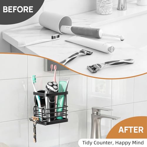 Powerful Suction Cup Stainless Steel Toothbrush Holders, Black | Removable Shower Tooth brush and Toothpaste Holder, Strong Suction Up to 11lbs, Anti-Puddling ,No Drill Bathroom Organizer - color: Black
